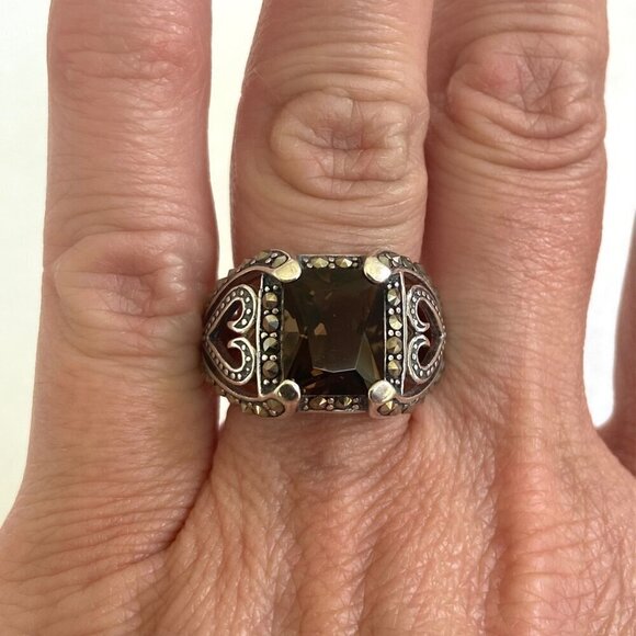 Sterling Silver 925A Rectangular Smoky Quartz & Marcasite Heart Ring Sz 5.75 - Picture 1 of 16